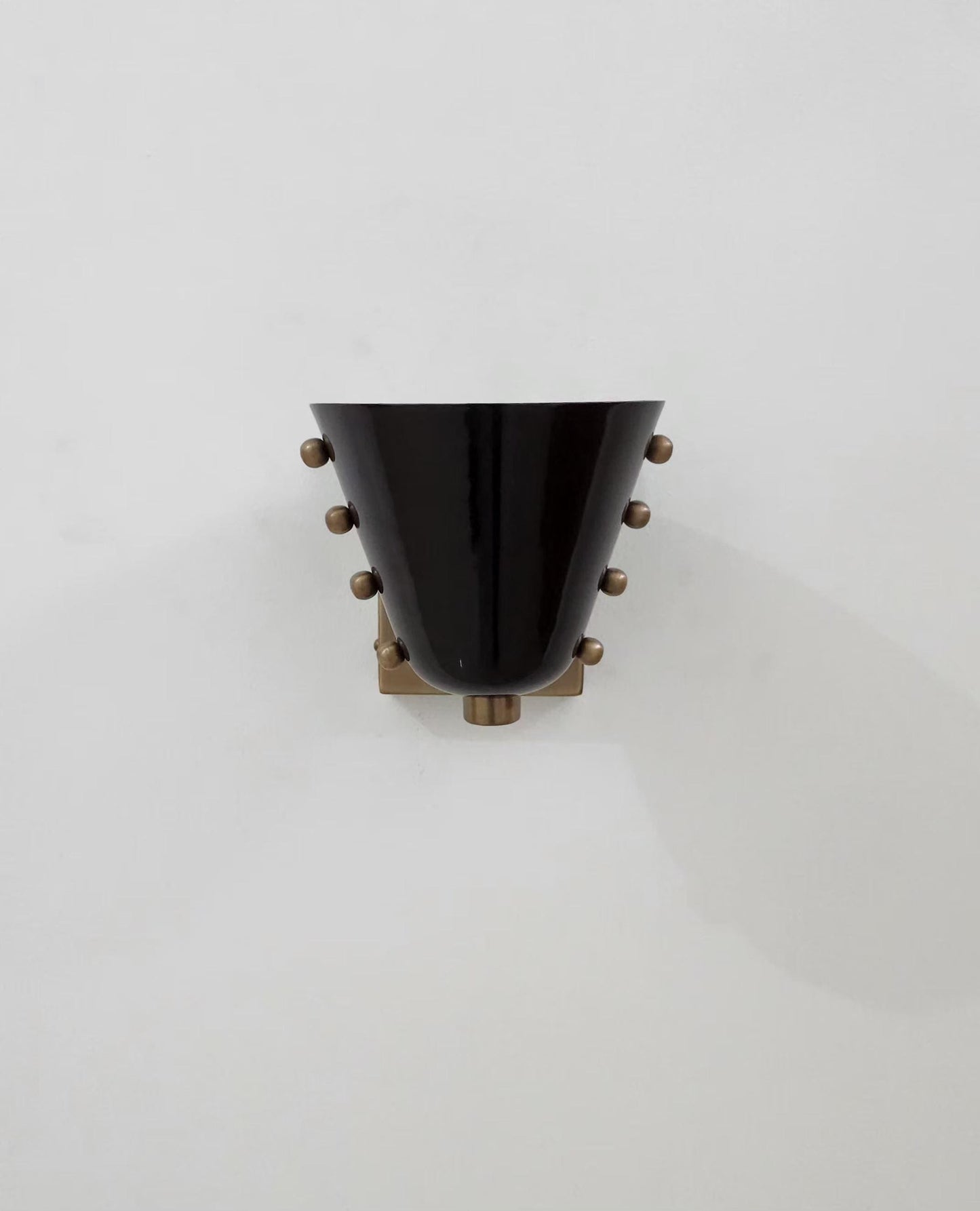 Mid-Century Brass Wall Sconce – Sculptural Cone Shade – Rivet Detailing – Hardwired – Hallway, Bedside, Reading Nook Lighting