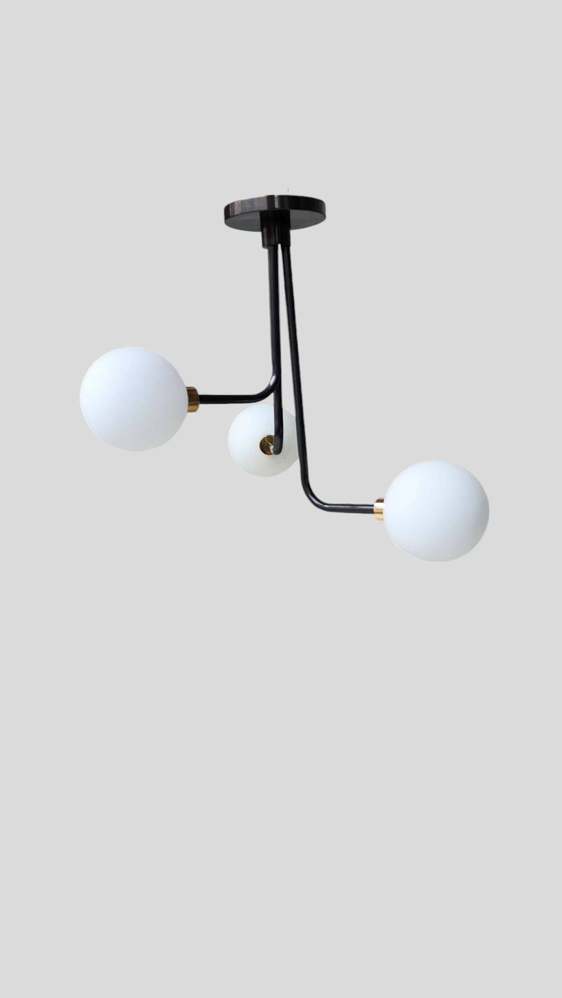Three Globe Light Stilnovo Style Linear Brass Sputnik Chandelier Sputnik Fixture Milky Globe Flush Mount