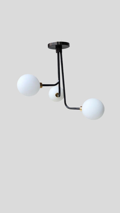 Three Globe Light Stilnovo Style Linear Brass Sputnik Chandelier Sputnik Fixture Milky Globe Flush Mount