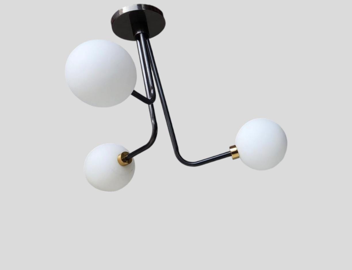 Three Globe Light Stilnovo Style Linear Brass Sputnik Chandelier Sputnik Fixture Milky Globe Flush Mount