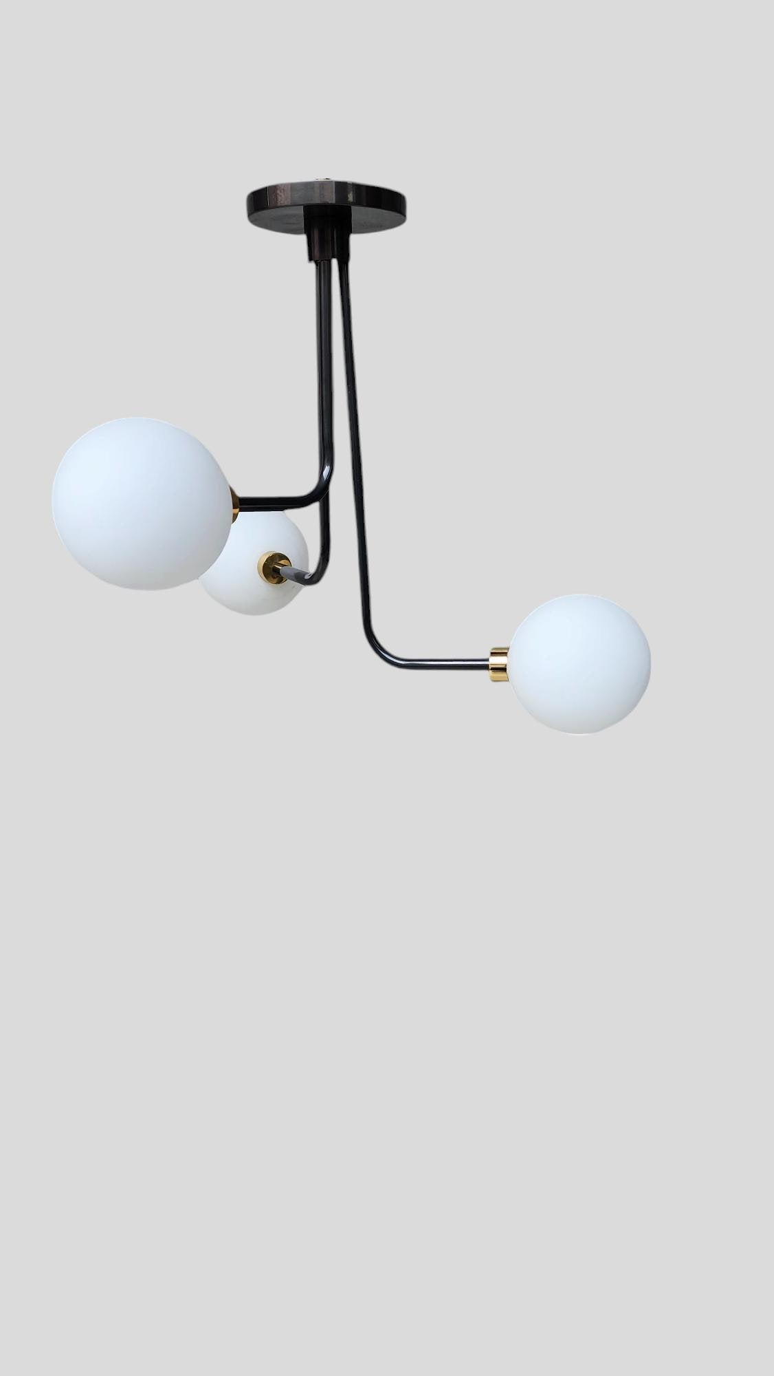 Three Globe Light Stilnovo Style Linear Brass Sputnik Chandelier Sputnik Fixture Milky Globe Flush Mount