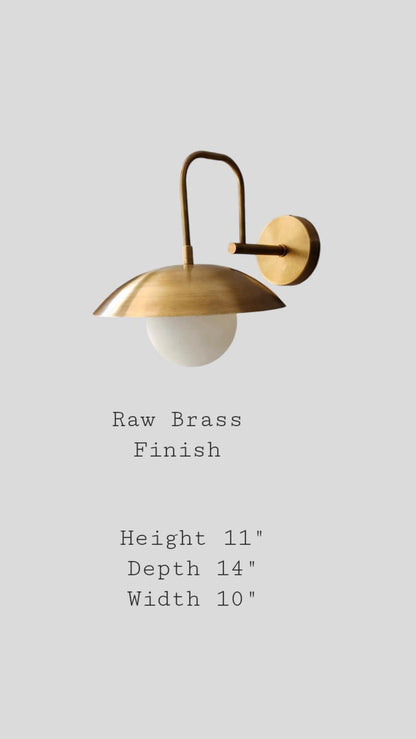 Handmade Curved Disk Shade Single light Mid-Century Raw Brass Wall Sconce