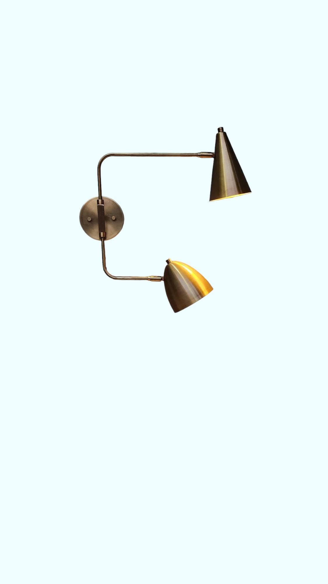 Two Light Shades Swing Arm Handmade Vintage Wall Mid Century Antique Brass Sputnik chandelier light Fixture.
