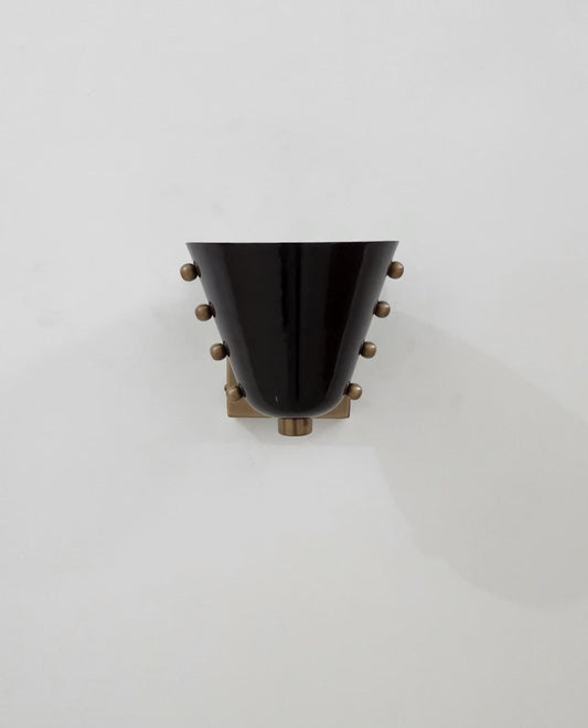 Mid-Century Brass Wall Sconce – Sculptural Cone Shade – Rivet Detailing – Hardwired – Hallway, Bedside, Reading Nook Lighting