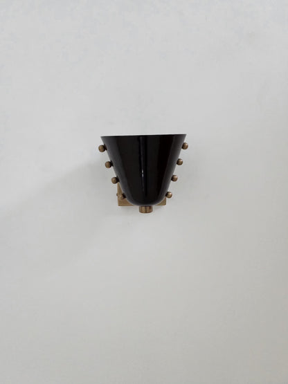 Mid-Century Brass Wall Sconce – Sculptural Cone Shade – Rivet Detailing – Hardwired – Hallway, Bedside, Reading Nook Lighting