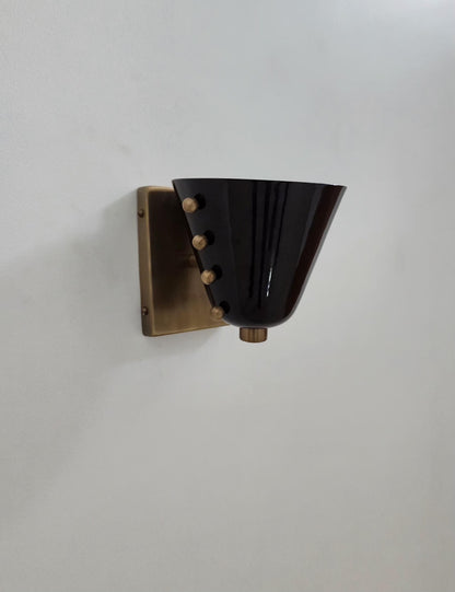 Mid-Century Brass Wall Sconce – Sculptural Cone Shade – Rivet Detailing – Hardwired – Hallway, Bedside, Reading Nook Lighting