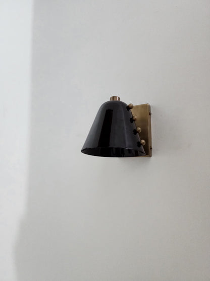 Mid-Century Brass Wall Sconce – Sculptural Cone Shade – Rivet Detailing – Hardwired – Hallway, Bedside, Reading Nook Lighting