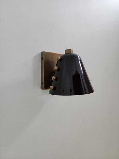 Mid-Century Brass Wall Sconce – Sculptural Cone Shade – Rivet Detailing – Hardwired – Hallway, Bedside, Reading Nook Lighting