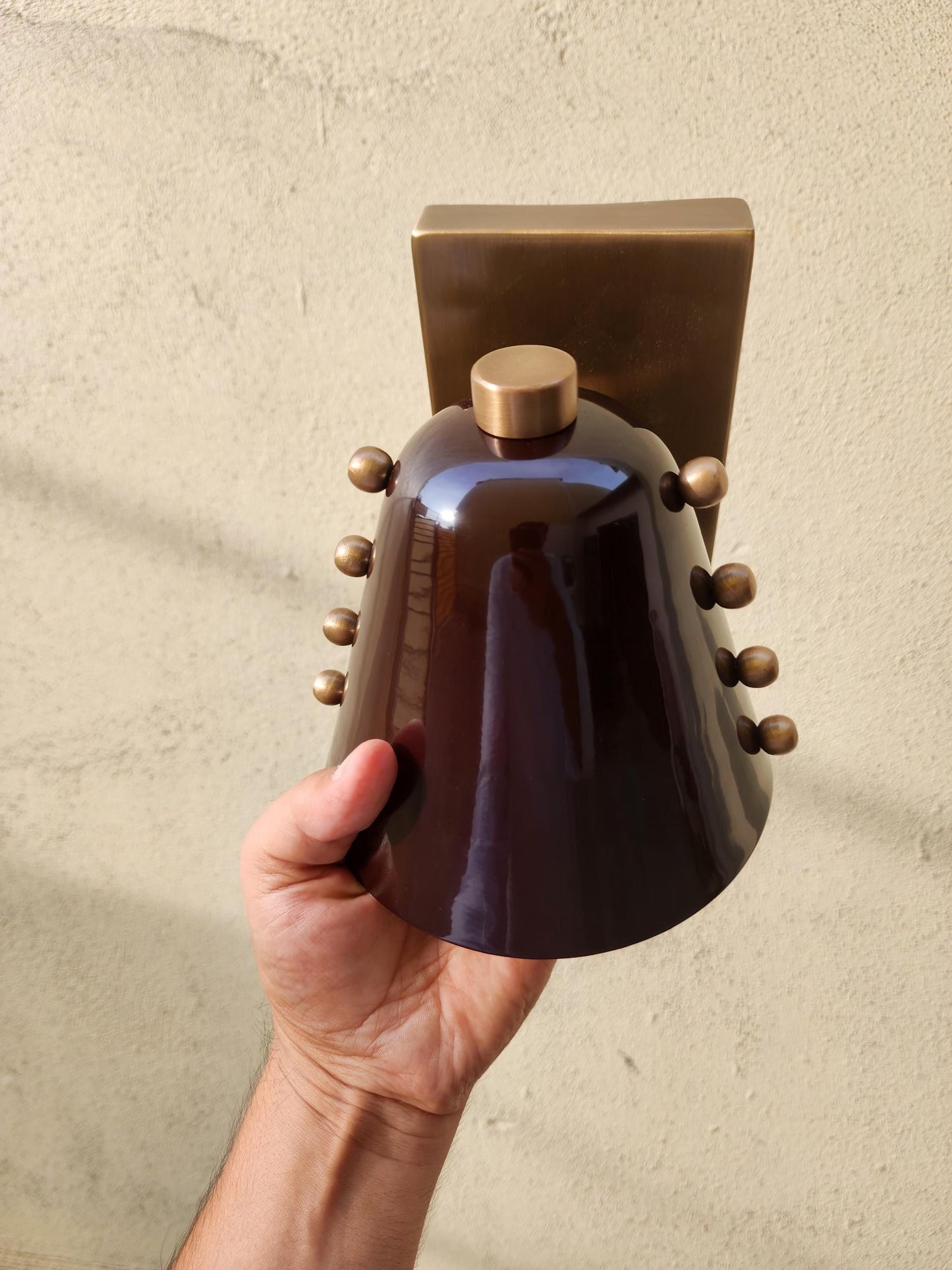 Mid-Century Brass Wall Sconce – Sculptural Cone Shade – Rivet Detailing – Hardwired – Hallway, Bedside, Reading Nook Lighting