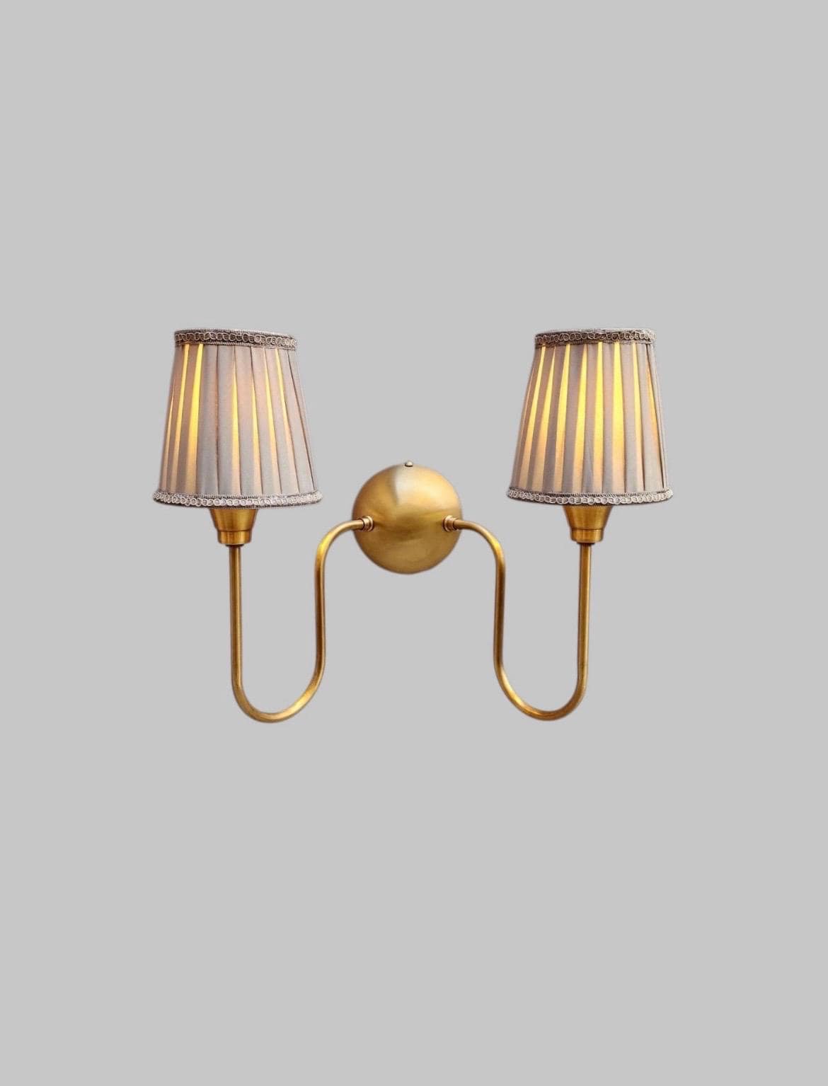 Handcrafted Double Arm Brass Wall Sconce With Fabric Lamp shade Mid-Century Brass Wall Lamp Home Decor