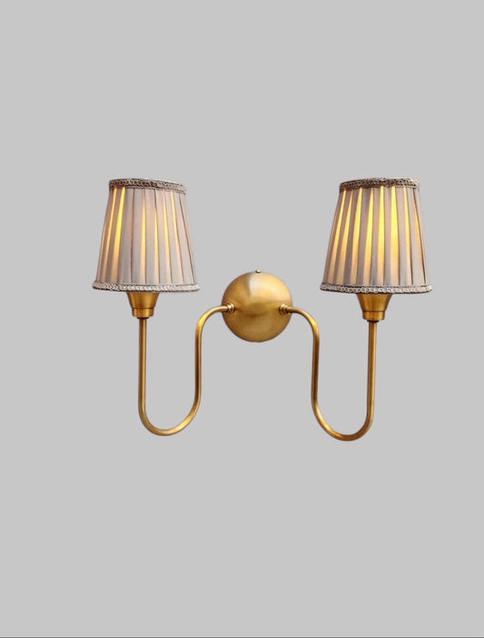 Handcrafted Double Arm Brass Wall Sconce With Fabric Lamp shade Mid-Century Brass Wall Lamp Home Decor