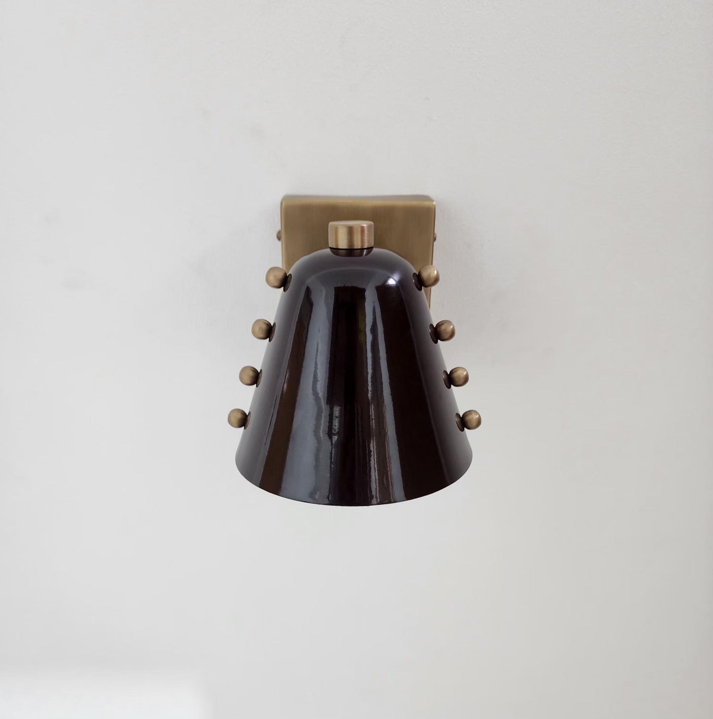 Mid-Century Brass Wall Sconce – Sculptural Cone Shade – Rivet Detailing – Hardwired – Hallway, Bedside, Reading Nook Lighting