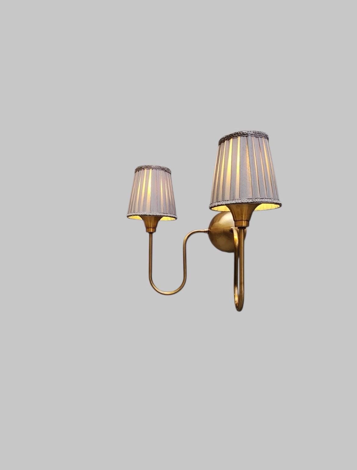 Handcrafted Double Arm Brass Wall Sconce With Fabric Lamp shade Mid-Century Brass Wall Lamp Home Decor